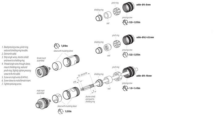 装配说明 99 1429 810 04 - M12 直头针头电缆连接器, 极数: 4, 6.0-8.0mm, 可接屏蔽, 螺钉接线, IP67, UL