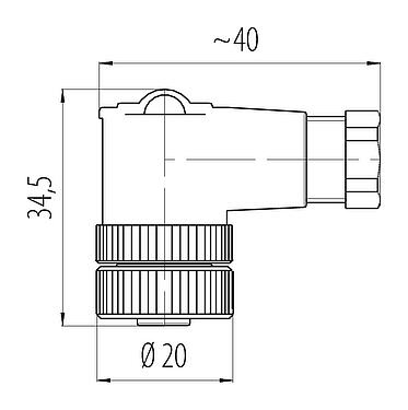 比例图 M12 弯角孔头电缆连接器, 极数: 2+PE, 4.0-6.0mm, 非屏蔽, 螺钉接线, IP67, UL