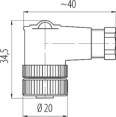 比例图 M12 弯角孔头电缆连接器, 极数: 2+PE, 4.0-6.0mm, 非屏蔽, 螺钉接线, IP67