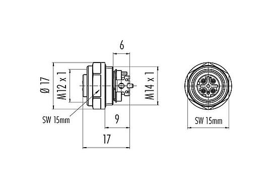 比例图 M12 孔头法兰座, 极数: 4, 可接屏蔽, SMT, IP67, 板前安装