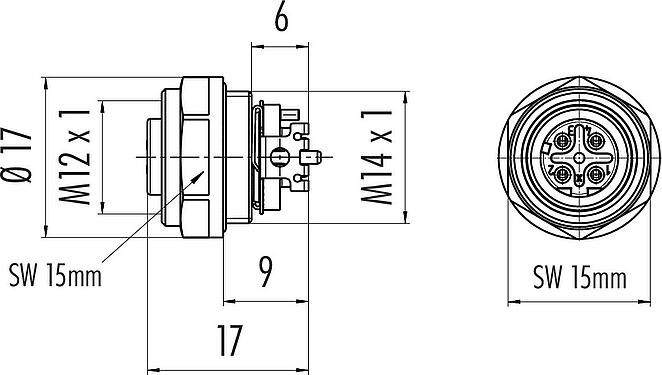 Scale drawing M12 Female panel mount connector, Contacts: 4, shieldable, SMT, IP67, Front mounting