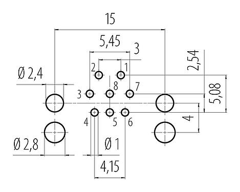 Conductor layout M12 Male angled panel mount connector, Contacts: 8, unshielded, THR, IP68, UL 2238, Rear mounting, for PCB assembly