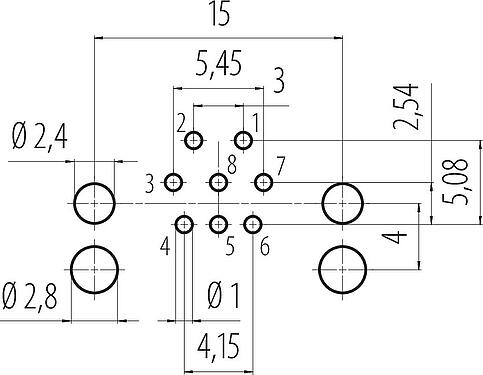 Conductor layout M12 Male angled panel mount connector, Contacts: 8, unshielded, THR, IP68, UL 2238, Rear mounting, for PCB assembly