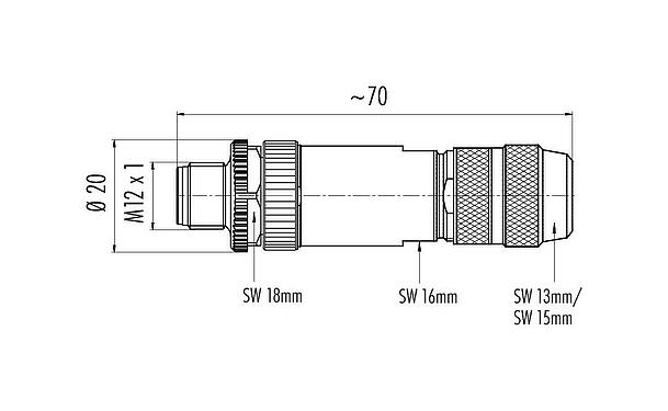 比例图 99 1431 810 04 - M12 直头针头电缆连接器, 极数: 4, 5.0-8.0mm, 可接屏蔽, 螺钉接线, IP67, UL
