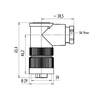 比例图 99 0218 210 07 - RD24 弯角孔头电缆连接器, 极数: 6+PE, 8.0-10.0mm, 非屏蔽, 螺钉接线, IP67, PG 11
