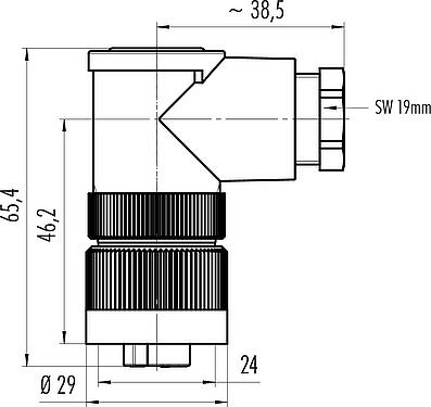 比例图 RD24 弯角孔头电缆连接器, 极数: 6+PE, 8.0-10.0mm, 非屏蔽, 压接(压接触点必须单独订购), IP67, UL, ESTI+, VDE, PG 11