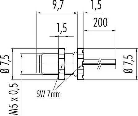 Scale drawing M5 Male panel mount connector, Contacts: 3, unshielded, single wires, IP67, M5x0.5, Rear mounting, potted