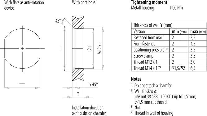 安装说明 M12 针头法兰座, 极数: 5, 非屏蔽, THT, IP68, UL 2238, M12x1.0, 後壁安裝, 模压成型