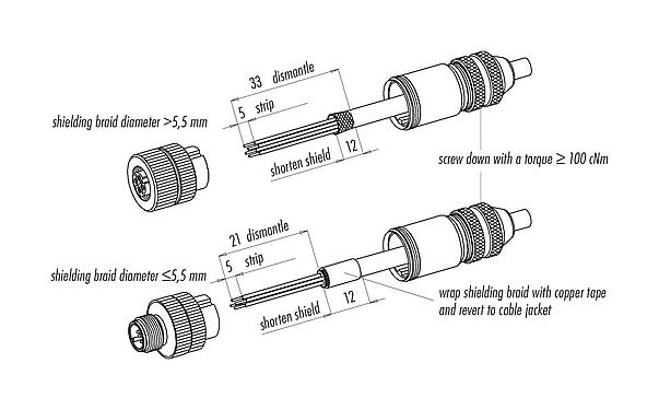 装配说明 99 1631 814 04 - M12 直头针头电缆连接器, 极数: 4, 5.0-8.0mm, 可接屏蔽, 螺钉接线, IP67, UL
