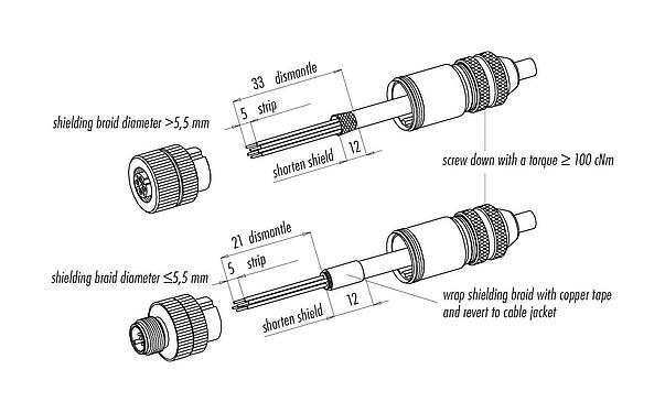 装配说明 99 1632 812 04 - M12 直头孔头电缆连接器, 极数: 4, 8.0-9.0mm, 可接屏蔽, 螺钉接线, IP67, UL