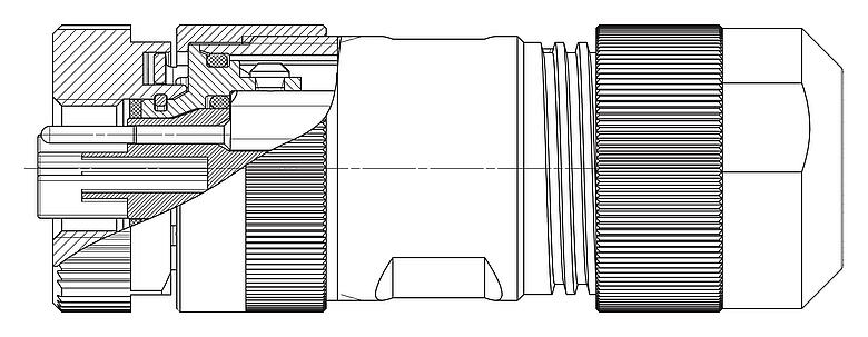比例图 M12 直头孔头电缆连接器, 极数: 4+FE, 8.0-13.0mm, 非屏蔽, 螺钉接线, IP67, M12x1.0, UL 2237正在准备中, 带PE接口