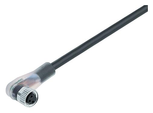 Illustration M8 Female angled connector, Contacts: 3, unshielded, moulded on the cable, IP67/IP69K, UL 2238, PUR, black, 3 x 0.34 mm², with LED PNP, 2 m