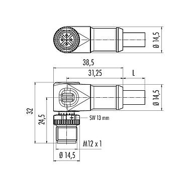 比例图 M12 弯角针头电缆连接器, 极数: 5, 屏蔽, 预铸电缆, IP68, UL 2238, CAN总线, PUR, 紫色, 1x2xAWG 22+1x2xAWG 24, 10m