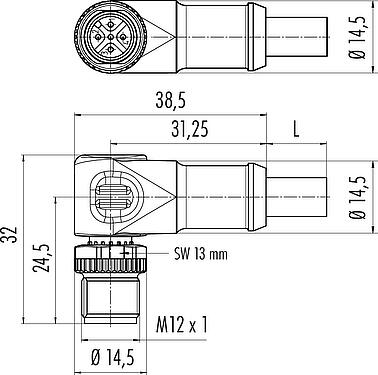 Scale drawing M12 Male angled connector, Contacts: 5, shielded, moulded on the cable, IP68, UL 2238, CAN-Bus, PUR, violet, 1 x 2 x AWG 22 + 1 x 2 x AWG 24, 2 m