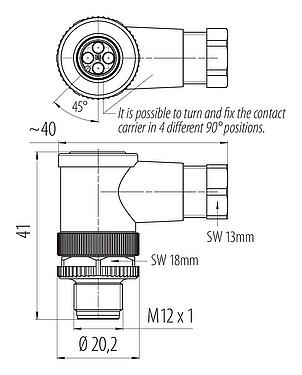 Scale drawing M12 Male angled connector, Contacts: 4, 4.0-6.0 mm, unshielded, crimping (Crimp contacts must be ordered separately), IP67, UL 2238
