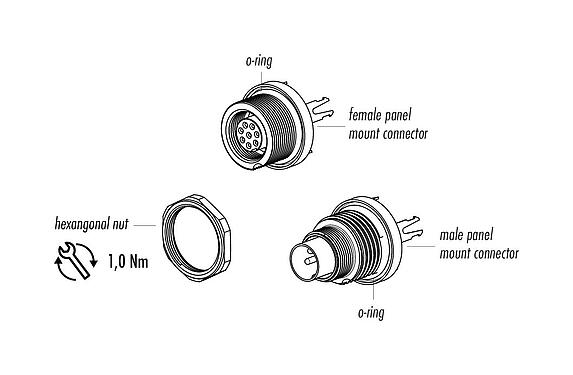 Component part drawing 09 0407 30 03 - M9 Male panel mount connector, Contacts: 3, shieldable, THT, IP67, front fastened