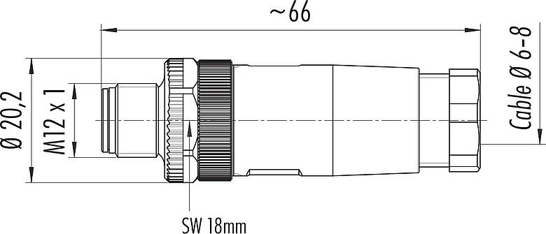 比例图 M12 直头针头电缆连接器, 极数: 3+PE, 6.0-8.0mm, 非屏蔽, 螺钉接线, IP67, UL 2238, VDE