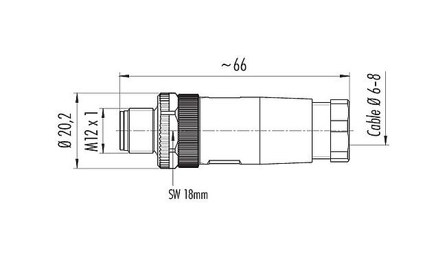 比例图 M12 直头针头电缆连接器, 极数: 2+PE, 6.0-8.0mm, 非屏蔽, 螺钉接线, IP67, UL 2238