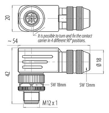 比例图 M12 弯角针头电缆连接器, 极数: 4, 6.0-8.0mm, 可接屏蔽, 螺钉接线, IP67, UL 2238, 带防护环