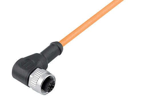 Illustration 77 3434 0000 80005-1000 - M12 Female angled connector, Contacts: 5, unshielded, moulded on the cable, IP68, UL, PUR, orange, 5 x 0.34 mm², for welding applications, 10 m