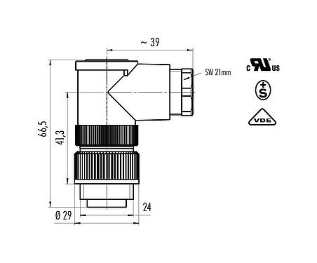 比例图 RD24 弯角针头电缆连接器, 极数: 6+PE, 10.0-12.0mm, 非屏蔽, 螺钉接线, IP67, UL, ESTI+, VDE, PG 13.5