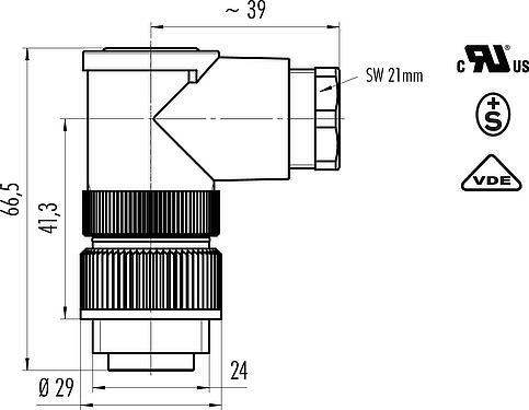 比例图 RD24 弯角针头电缆连接器, 极数: 3+PE, 10.0-12.0mm, 非屏蔽, 螺钉接线, IP67, UL, ESTI+, VDE, PG 13.5