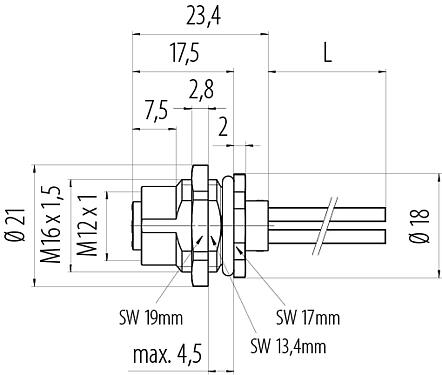 Scale drawing M12 Female panel mount connector, Contacts: 4, unshielded, single wires, IP68, M16x1.5, Rear mounting