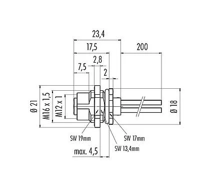 比例图 M12 孔头法兰座, 极数: 4, 非屏蔽, 带导线, IP68, UL 2238, M16x1.5, 後壁安裝, 模压成型
