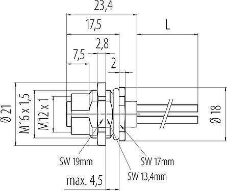 比例图 M12 孔头法兰座, 极数: 4, 非屏蔽, 带导线, IP68, UL 2238, M16x1.5, 後壁安裝, 模压成型