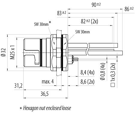 Scale drawing B23 Female panel mount connector, Contacts: 9 (4+PE + 4), THT, IP65/IP67, Rear mounting, ENP: Power pin / Data socket
