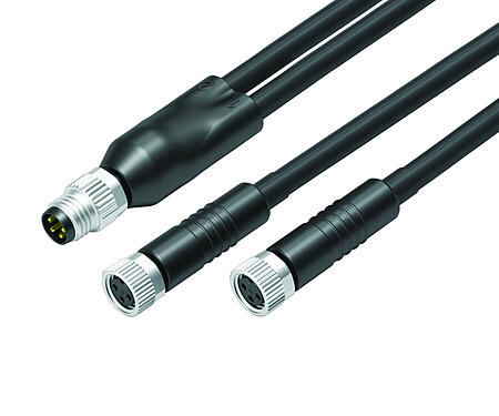 Illustration 77 9805 3406 50003-0100 - M8 Male duo connector - 2 female cable connectors M8x1, Contacts: 4/3, unshielded, moulded on the cable, IP67, PUR, black, 3 x 0.34 mm², 1 m