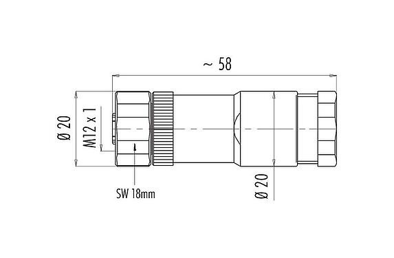 Scale drawing M12 Female cable duo connector, Contacts: 4, 2.1-3.0 mm (2 cable) or 4-5 mm (2 cable), unshielded, screw clamp, IP67, UL 2238