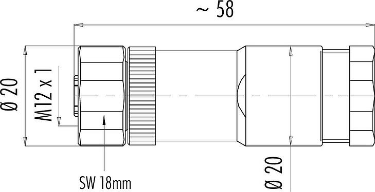 比例图 M12 双出口孔头带电缆连接器, 极数: 5, 2.1-3.0 mm (2 电缆) 或者 4-5 mm (2 电缆), 非屏蔽, 螺钉接线, IP67, UL 2238