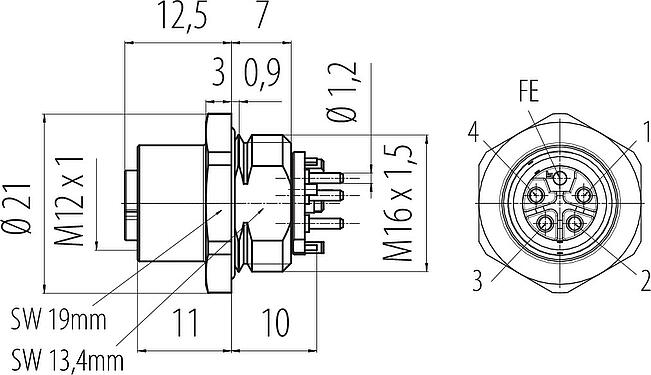 比例图 M12 孔头法兰座, 极数: 4+FE, 非屏蔽, THR, IP67, UL 2238, M16x1.5, 板前安装