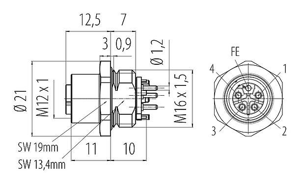 比例图 M12 孔头法兰座, 极数: 4+FE, 非屏蔽, THR, IP67, UL 2238, M16x1.5, 板前安装