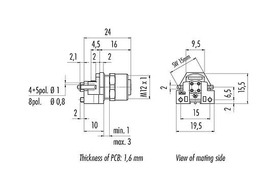 Scale drawing M12 Female panel mount connector, Contacts: 4, unshielded, THR, IP68, UL 2238, M12x1.0, Rear mounting, for PCB assembly, two-part design