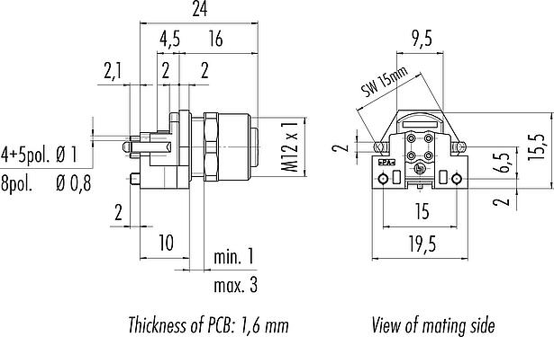 比例图 M12 孔头法兰座, 极数: 4, 非屏蔽, THR, IP68, UL 2238, M12x1.0, 後壁安裝, 用于PCB组装, 可分离设计