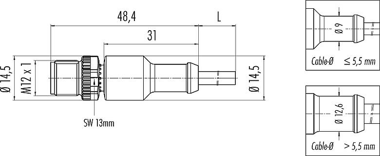 Scale drawing M12 Male cable connector, Contacts: 12, unshielded, moulded on the cable, IP68/IP69K, UL 2238, PUR, black, 12 x 0.25 mm², 5 m