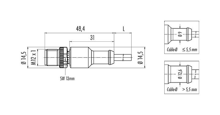 Scale drawing M12 Male cable connector, Contacts: 5, unshielded, moulded on the cable, IP68/IP69K, UL 2238, PVC, grey, 5 x 0.34 mm², 5 m