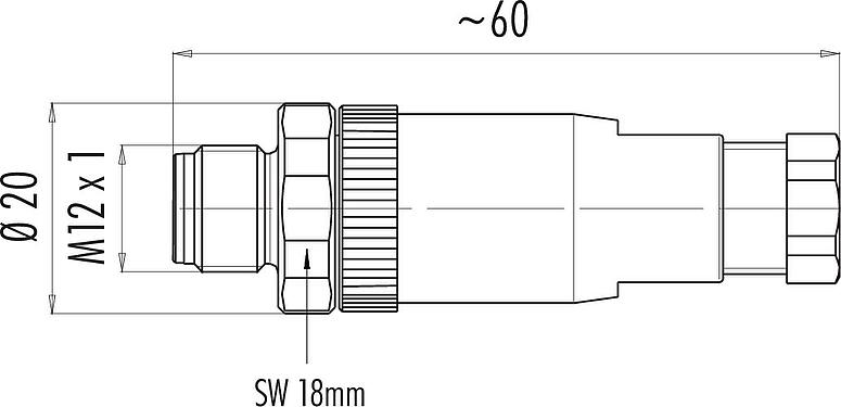 比例图 M12 直头针头电缆连接器, 极数: 4, 6.0-8.0mm, 非屏蔽, 螺钉接线, IP67, UL 2238