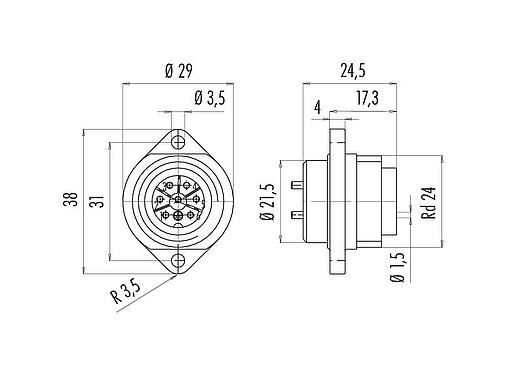 Scale drawing RD24 Male panel mount connector, Contacts: 6+PE, unshielded, solder, IP67