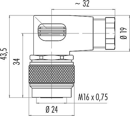 Scale drawing M16 Female angled connector, Contacts: 6 (06-a), 6.0-8.0 mm, unshielded, solder, IP67