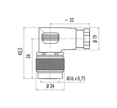 Scale drawing M16 Female angled connector, Contacts: 14 (14-b), 6.0-8.0 mm, unshielded, solder, IP67