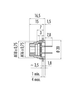 Scale drawing M16 Male panel mount connector, Contacts: 12 (12-a), unshielded, THT, IP40, M18x0,75, Rear mounting