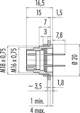 Scale drawing M16 Male panel mount connector, Contacts: 12 (12-a), unshielded, THT, IP40, M18x0,75, Rear mounting