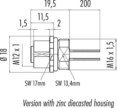 Scale drawing M12 Female panel mount connector, Contacts: 4, unshielded, single wires, IP67, UL 2238, M16x1.5, Front mounting