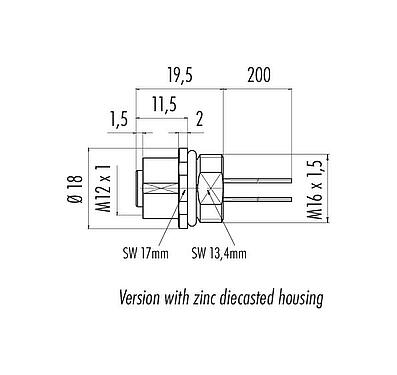 Scale drawing M12 Female panel mount connector, Contacts: 4, unshielded, single wires, IP67, UL 2238, M16x1.5, Front mounting