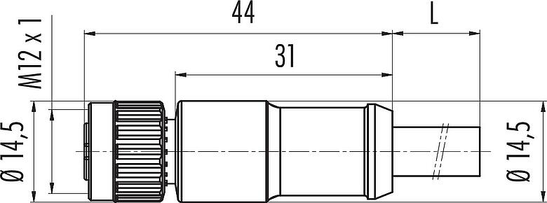 Scale drawing M12 Female cable connector, Contacts: 2+7, moulded on the cable, IP67, PUR, black, Power: 2 x 0.75 (AWG 18), Signal: 7 x 0.14 (AWG 26), 1.85 m