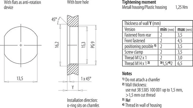 Assembly instructions / Panel cut-out M12 Male panel mount connector, Contacts: 4, unshielded, single wires, IP67, UL 2238, PG 9, Rear mounting