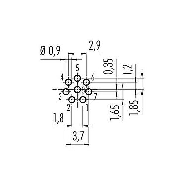 Conductor layout M8 Female panel mount connector, Contacts: 8, unshielded, THT, IP67, UL 2238, M12x1.0, Rear mounting, potted